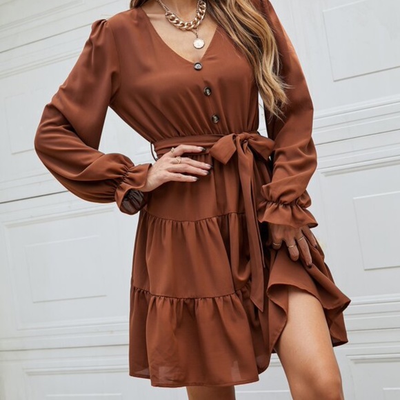 Rust Brown Button Ruffle V neck Mini Dress - Picture 4 of 5